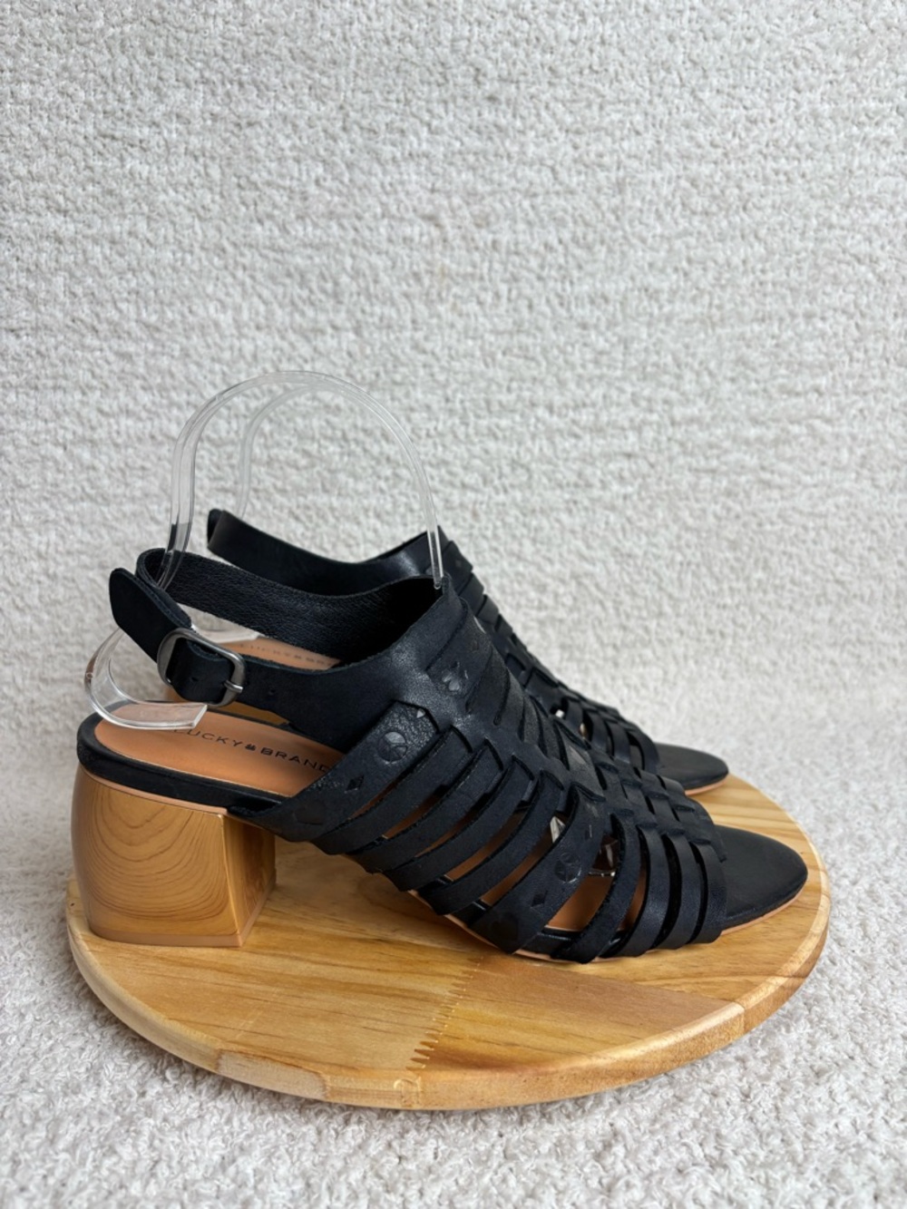 Lucky Brand Sandals Womens 9M Natissha High Block Heel Leather Hippie in Black